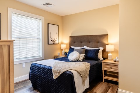 a bedroom with a large bed and a window